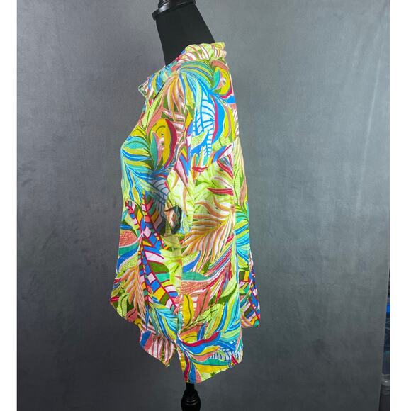 C&C California Top Womens Size L Linen Colorful Tropical Button Up Jungle Palms - Picture 2 of 8